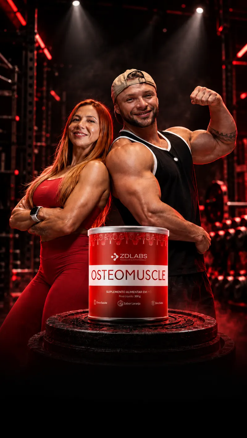 Homem e mulher adultos com OsteoMuscle em uma academia